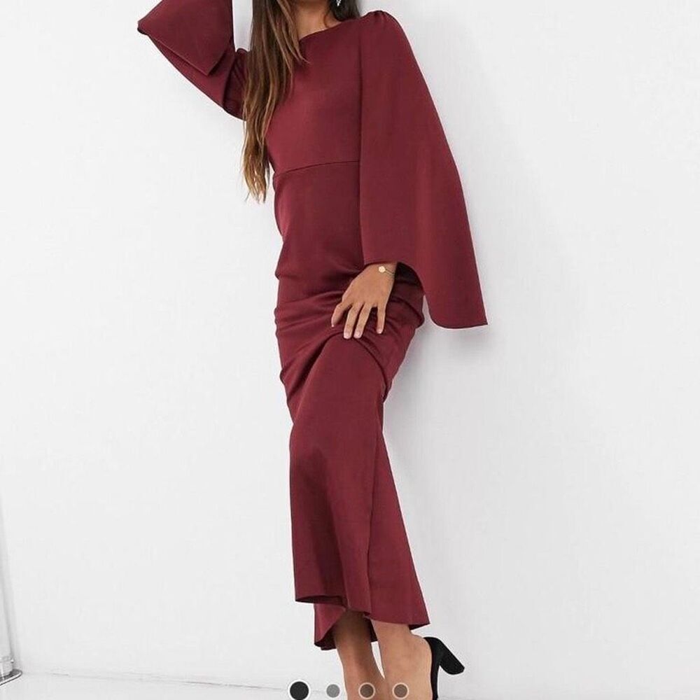 ASOS Bell Sleeve Mermaid Maxi Dress in Burgundy Full Length Sheath 4
